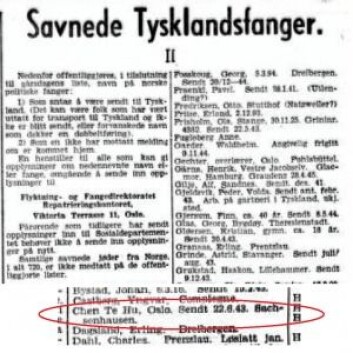 Chen Tu Hu som 'savnet tysklandsfange' i oktober 1945, ifølge Aftenposten. Kilde: Aftenposten, 25. oktober 1945 via Yenyin Kwan Chen Tu Hu som 'savnet tysklandsfange' i oktober 1945, ifølge Aftenposten. Kilde: Aftenposten, 25. oktober 1945 via Yenyin Kwan