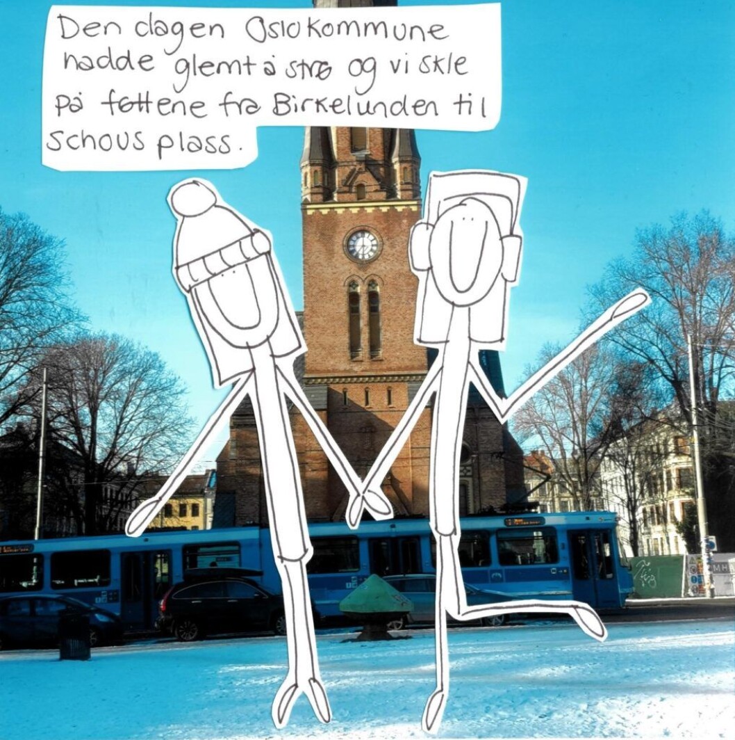 Osloblikk: Den dagen Oslo kommune hadde glemt å strø og vi skle på føttene fra Birkelunden til Schous plass. Illustrasjon: Amanda Carlson Osloblikk: Den dagen Oslo kommune hadde glemt å strø og vi skle på føttene fra Birkelunden til Schous plass. Illustrasjon: Amanda Carlson