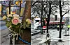 Til v. blomster festet på tre der kvinnen (83) ble påkjørt. Til h. lastebilen og politisperringer etter dødsulykken. Foto: Petter Terning / Berit Egset