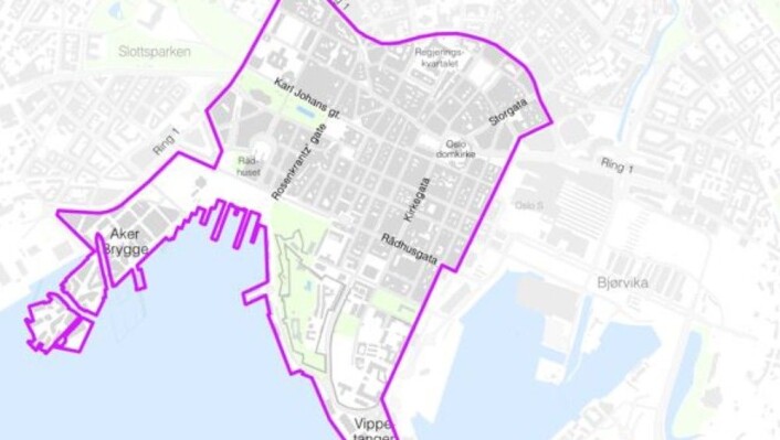 Området i Oslo sentrum som skal bli bilfritt. Illustrasjon: Plan- og bygningsetaten Området i Oslo sentrum som skal bli bilfritt. Illustrasjon: Plan- og bygningsetaten