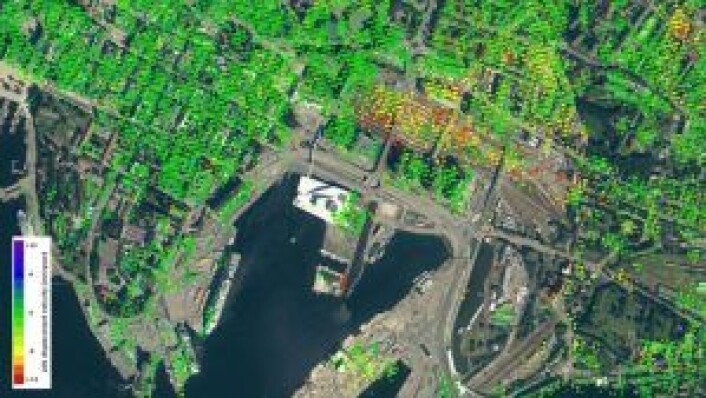 Bilder fra Sentinel viser at bakken rundt Oslo S sank med flere millimeter mellom 2014 og 2016. Foto: ESA SEOM INSARAP study / InSAR Norway project / NGU / Norut / PPO.labs Bilder fra Sentinel viser at bakken rundt Oslo S sank med flere millimeter mellom 2014 og 2016. Foto: ESA SEOM INSARAP study / InSAR Norway project / NGU / Norut / PPO.labs