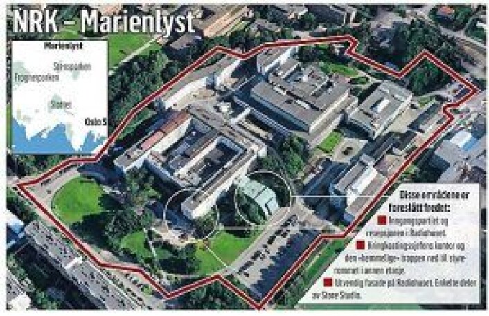 NRKs illustrasjon av tomten med informasjon om områder som foreslås fredet. Men mange arkitekter mener at både planer og betaling er alt for puslete. Illustrasjon: NRK NRKs illustrasjon av tomten med informasjon om områder som foreslås fredet. Men mange arkitekter mener at både planer og betaling er alt for puslete. Illustrasjon: NRK