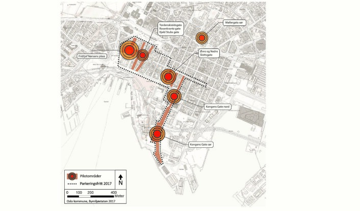Planen for de seks pilotprosjektene for et bilfritt byliv. Illustrasjon: Oslo kommune Planen for de seks pilotprosjektene for et bilfritt byliv. Illustrasjon: Oslo kommune