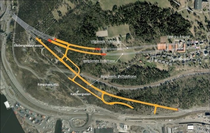 Rett ut av Ekebergåsen, med få meters klaring fra boligene i Mosseveien, skal togene fra Ski og fjernere steder komme gjennom den 22 kilometer lange Follotunnelen, under Mosseveien, Østfoldbanen, Middelalderparken og Bispegata og ut på det romslige sporsystemet på Oslo S, en gang i 2021, om alt går bra. Foto: Jernbaneverket Rett ut av Ekebergåsen, med få meters klaring fra boligene i Mosseveien, skal togene fra Ski og fjernere steder komme gjennom den 22 kilometer lange Follotunnelen, under Mosseveien, Østfoldbanen, Middelalderparken og Bispegata og ut på det romslige sporsystemet på Oslo S, en gang i 2021, om alt går bra. Foto: Jernbaneverket