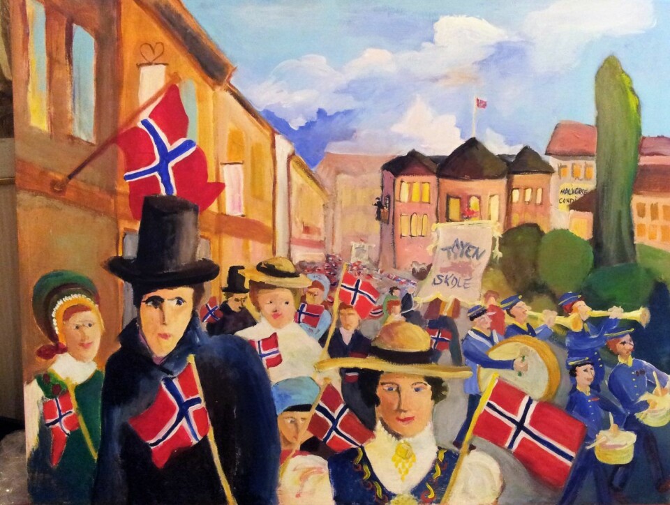 17. mai gjengitt av Annhild Brit Gustavsen. Hun sier om bildet: � Dette Oslo-motivet er inspirert av Munch, Aften på Karl Johan fra 1891, og min opplevelse fra 17. mai-tog i 1966, da jeg gikk på Tøyen skole. Foto: Stine Raastad