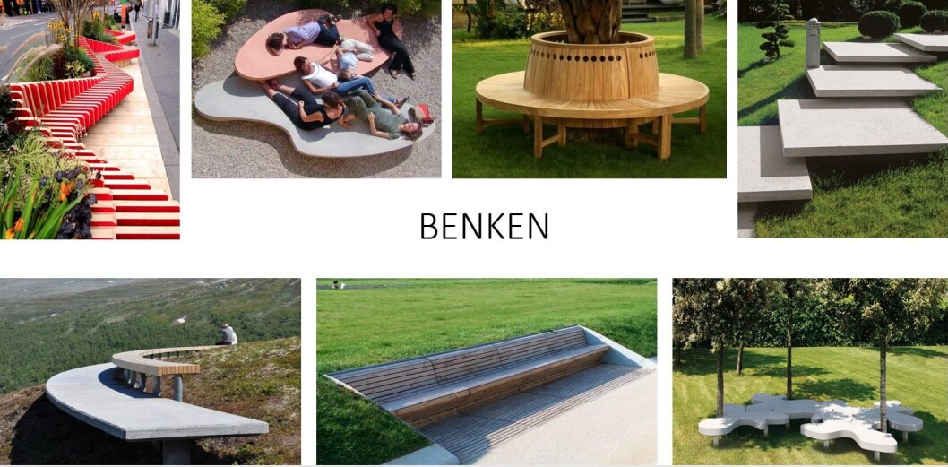 Her er noen av forslagene til hvordan benkene rundt Akerselva kan se ut i fremtiden. Bilde: Matilde Hansen-Walmsness Her er noen av forslagene til hvordan benkene rundt Akerselva kan se ut i fremtiden. Bilde: Matilde Hansen-Walmsness