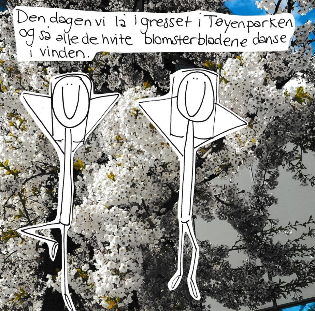 Den dagen vi lå i gresset i Tøyenparken... Illustrasjon: Amanda Carlson Den dagen vi lå i gresset i Tøyenparken... Illustrasjon: Amanda Carlson