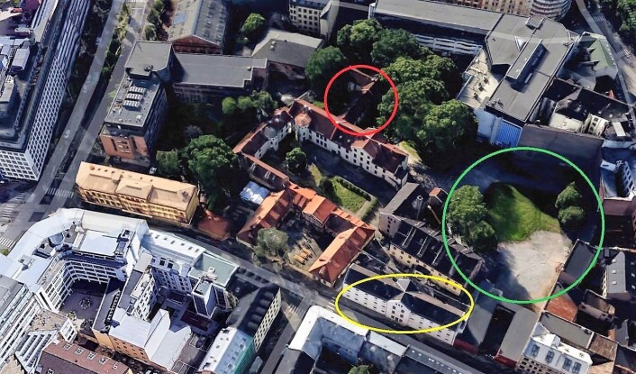 Rød ring er omsorgsboliger for tidligere rusmisbrukere, med vindu mot Prindsen hage, som er ringet rundt med grønt. Aktivitetshuset Prinsen er på gul ring. Foto: Google maps Rød ring er omsorgsboliger for tidligere rusmisbrukere, med vindu mot Prindsen hage, som er ringet rundt med grønt. Aktivitetshuset Prinsen er på gul ring. Foto: Google maps