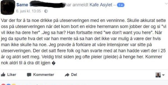 Her er Sames kommentar på Kafé Asylets Facebook-side, som nå er stengt. Skjermbilde Her er Sames kommentar på Kafé Asylets Facebook-side, som nå er stengt. Skjermbilde