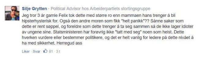 Politisk rådgiver for AP, Silje Grytten, kommenterer foreldre som reagerer på tungt bevæpnet politi under Miniøya-festivalen. Foto: Skjermdump fra VårtOslos nettside Politisk rådgiver for AP, Silje Grytten, kommenterer foreldre som reagerer på tungt bevæpnet politi under Miniøya-festivalen. Foto: Skjermdump fra VårtOslos nettside