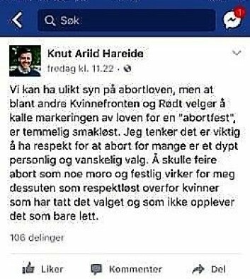 Knut Arild Hareide synes feiringen av abortloven er smakløs. Foto: Skjermdump fra Facebook
