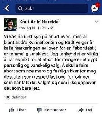 Knut Arild Hareide synes feiringen av abortloven er smakløs. Foto: Skjermdump fra Facebook Knut Arild Hareide synes feiringen av abortloven er smakløs. Foto: Skjermdump fra Facebook