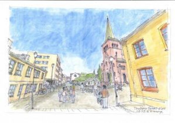 Slik ser en av beboerne for seg at Thorbjørn Egners plass kan bli. Det presiseres at dette ikke er en formell visjonstegning, kun en kunstnerisk tolkning. Illustrasjon: Robert Lorange Slik ser en av beboerne for seg at Thorbjørn Egners plass kan bli. Det presiseres at dette ikke er en formell visjonstegning, kun en kunstnerisk tolkning. Illustrasjon: Robert Lorange