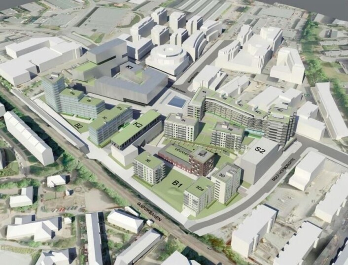 Skanskas forslag. Levahn mekaniske verksted er murbygget i midten. Foto: Skanska Skanskas forslag. Levahn mekaniske verksted er murbygget i midten. Foto: Skanska