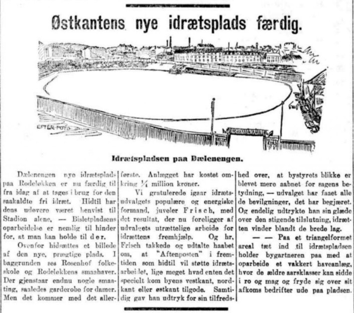 Historisk avisutklipp fra åpningen av "Østkantens nye idrettsplads". Foto: Torgny Hasås Historisk avisutklipp fra åpningen av "Østkantens nye idrettsplads". Foto: Torgny Hasås