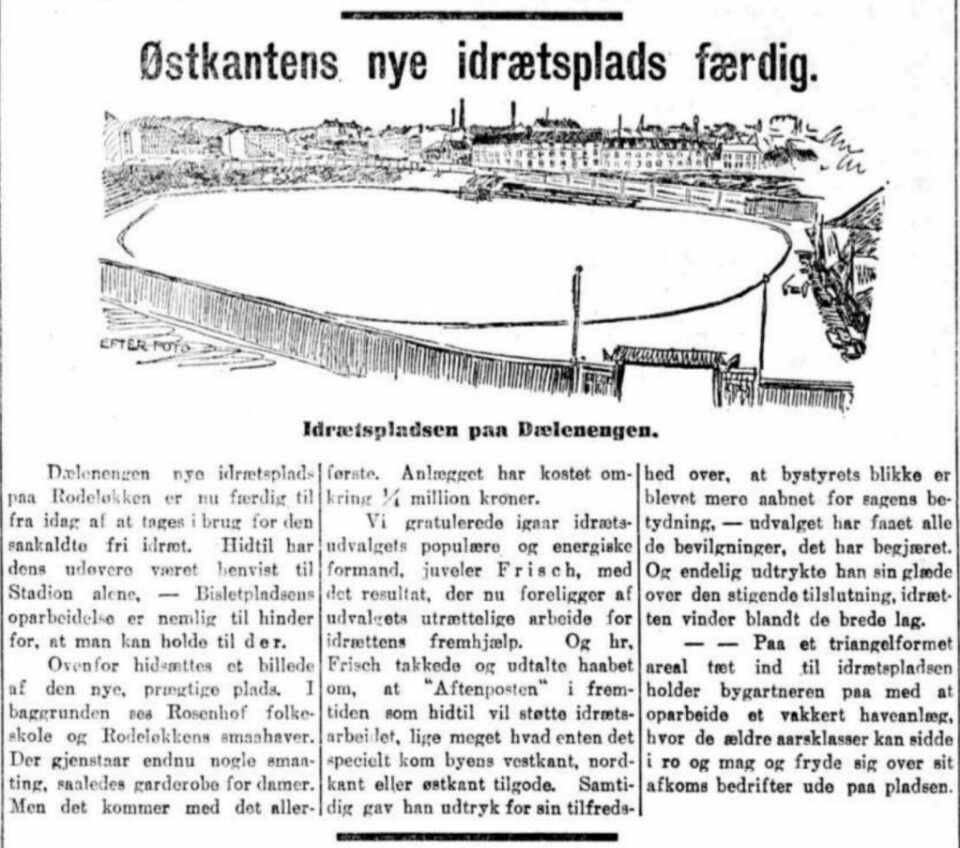Historisk avisutklipp fra åpningen av 'Østkantens nye idrettsplads'. Foto: Torgny Hasås