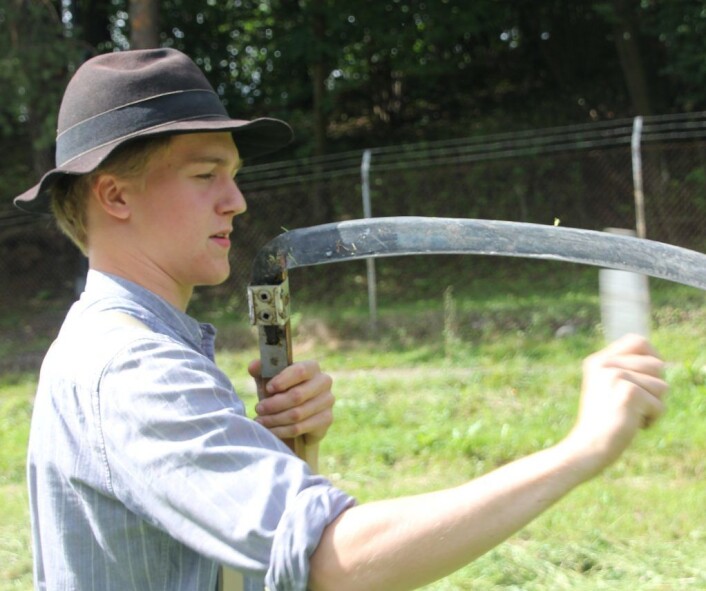 Ljåen må være skarp. Syver Marthinsen Goksøyr viser hvordan. Foto: Hans Magnus Borge Ljåen må være skarp. Syver Marthinsen Goksøyr viser hvordan. Foto: Hans Magnus Borge