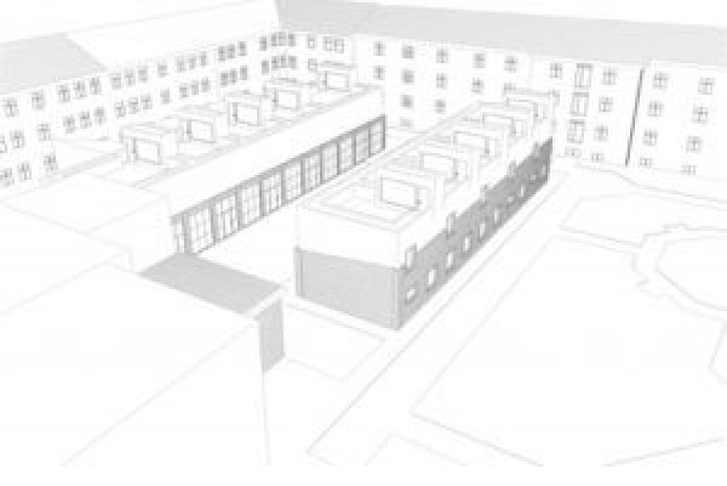 En av utbyggers tegninger av de foreslåtte lavblokkene. Første etasje (mørkere) er i dag gamle garasjer, som ifølge planene skal utgjøre de nedre delene av de nye blokkene. En av utbyggers tegninger av de foreslåtte lavblokkene. Første etasje (mørkere) er i dag gamle garasjer, som ifølge planene skal utgjøre de nedre delene av de nye blokkene.