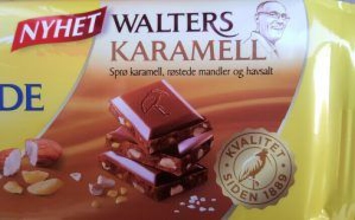 Walter Huber har ansiktet sitt både på Walters Karamell og Walters Mandler, og opplever å bli gjenkjent av og til. Foto: Tarjei Kidd Olsen Walter Huber har ansiktet sitt både på Walters Karamell og Walters Mandler, og opplever å bli gjenkjent av og til. Foto: Tarjei Kidd Olsen