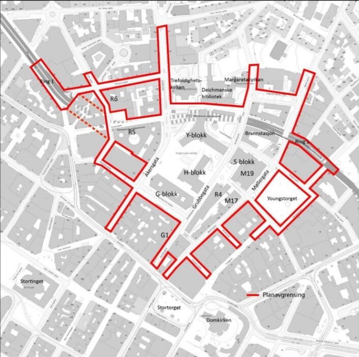 Området innenfor de røde strekene viser sikkerhetsområdet til det nye regjeringskvartalet. Illustrasjon: Statsbygg Området innenfor de røde strekene viser sikkerhetsområdet til det nye regjeringskvartalet. Illustrasjon: Statsbygg