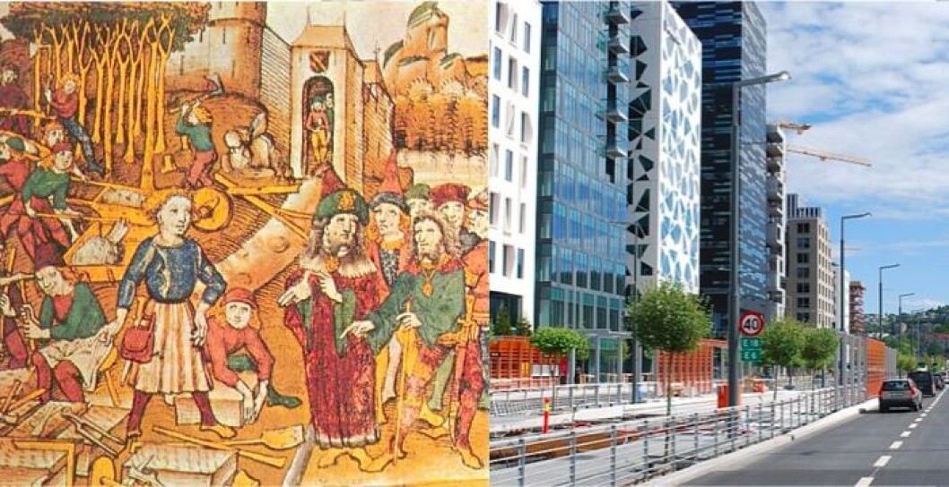 Fra middelalderdronning til hovedgate i Barcode. (Illustrasjonsbilde, til venstre: Byggeplass under høymiddelalderen, Foto: Wikipedia. Til høyre: Dronning eufemias gate. Foto: Helge Høifødt/Wikipedia) Fra middelalderdronning til hovedgate i Barcode. (Illustrasjonsbilde, til venstre: Byggeplass under høymiddelalderen, Foto: Wikipedia. Til høyre: Dronning eufemias gate. Foto: Helge Høifødt/Wikipedia)