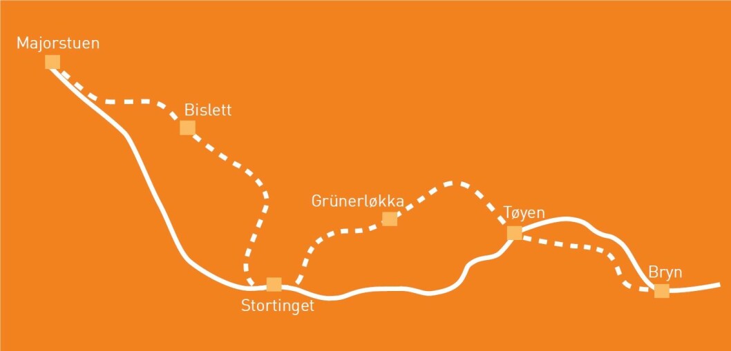 Her kommer de nye t-banetunnelene i Oslo. Under bislett og Grünerløkka. Illustrasjon: Ruter