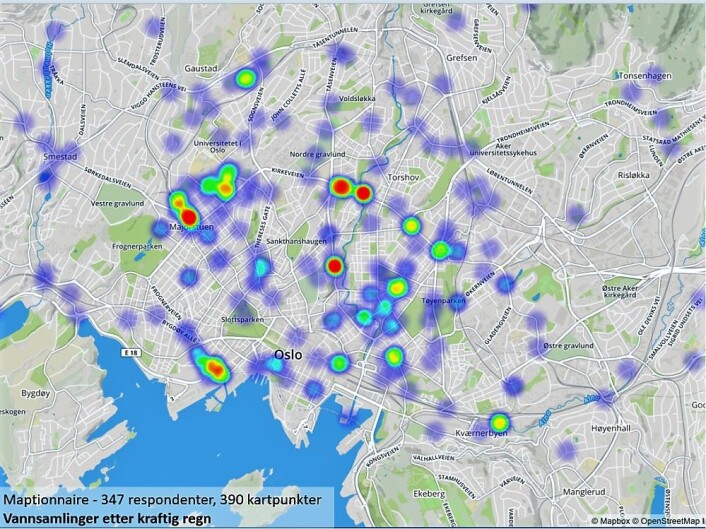 Til nå har ca 350 innbyggere markert hvor de ser overvann ved mye nedbør i Oslo. Slik er det fordelt. Til nå har ca 350 innbyggere markert hvor de ser overvann ved mye nedbør i Oslo. Slik er det fordelt.