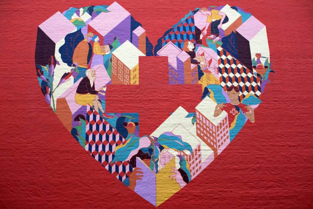 Heart in the city heter veggmaleriet Røde Kors har fått malt ved hovedkontoret sitt. Foto: Merethe Ruud Heart in the city heter veggmaleriet Røde Kors har fått malt ved hovedkontoret sitt. Foto: Merethe Ruud