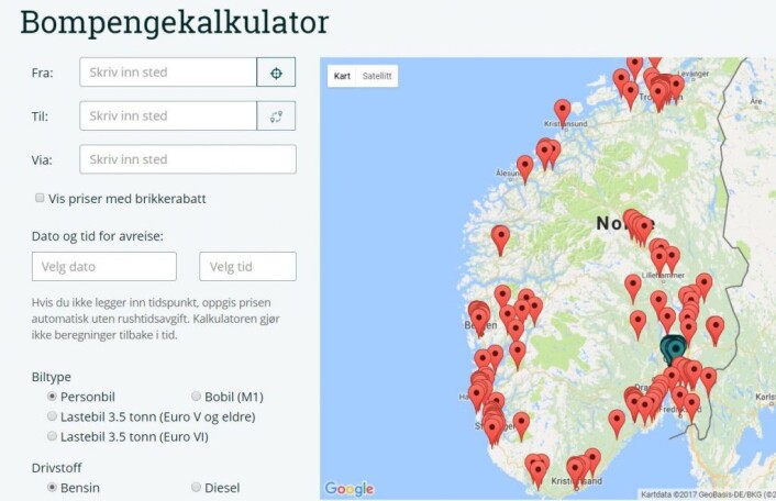 Slik ser bompengekalkulatoren ut. Skjermbilde: Fjellinjen Slik ser bompengekalkulatoren ut. Skjermbilde: Fjellinjen