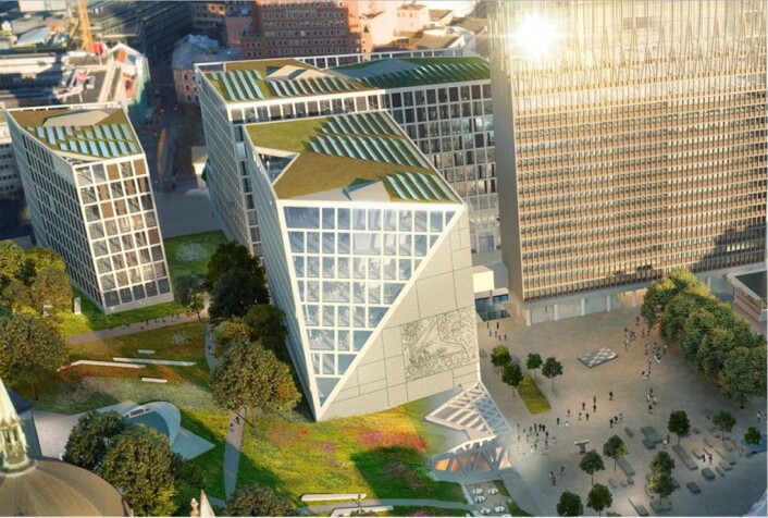 Forslaget til ny arkitektur i regjeringskvartalet fra Team G8+, Lysning. Illustrasjon: Team G8+ Forslaget til ny arkitektur i regjeringskvartalet fra Team G8+, Lysning. Illustrasjon: Team G8+
