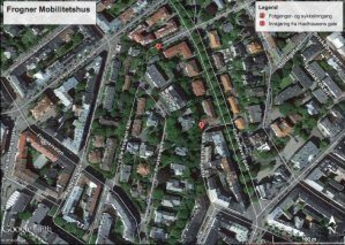Her ser vi området på Frogner hvor mobilitetshuset skal ligge. Anlegget skal ha innkjøring for bil fra Haxthausens gate (1), og fotgjenger- og sykkelinngang fra Lille Frogner allé (2). Her ser vi området på Frogner hvor mobilitetshuset skal ligge. Anlegget skal ha innkjøring for bil fra Haxthausens gate (1), og fotgjenger- og sykkelinngang fra Lille Frogner allé (2).