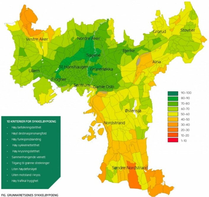 Med hjelp av sykkelbyindeksen, er det utarbeidet et kart som viser den gjennomsnittlige sykkelvennligheten i hver grunnkrets. lllustrasjon: Sykkelstrategi for Oslo 2015-2025