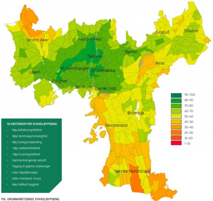 Med hjelp av sykkelbyindeksen, er det utarbeidet et kart som viser den gjennomsnittlige sykkelvennligheten i hver grunnkrets. lllustrasjon: Sykkelstrategi for Oslo 2015-2025 Med hjelp av sykkelbyindeksen, er det utarbeidet et kart som viser den gjennomsnittlige sykkelvennligheten i hver grunnkrets. lllustrasjon: Sykkelstrategi for Oslo 2015-2025