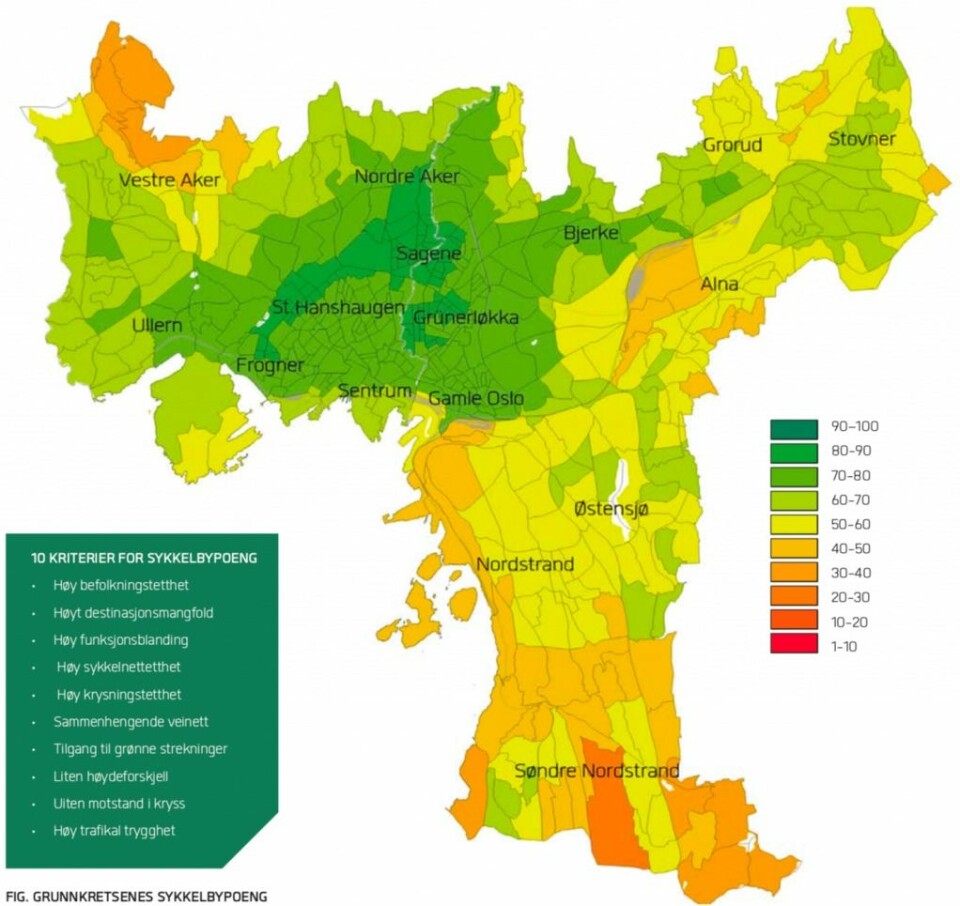 Med hjelp av sykkelbyindeksen, er det utarbeidet et kart som viser den gjennomsnittlige sykkelvennligheten i hver grunnkrets. lllustrasjon: Sykkelstrategi for Oslo 2015-2025