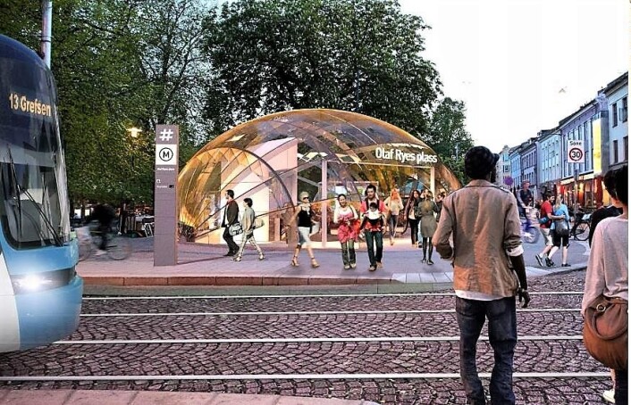 Slik har Ruter tidligere sett for seg at en t-banestasjon på Olaf Ryes plass kunne se ut. Illustrasjon: Ruter Slik har Ruter tidligere sett for seg at en t-banestasjon på Olaf Ryes plass kunne se ut. Illustrasjon: Ruter