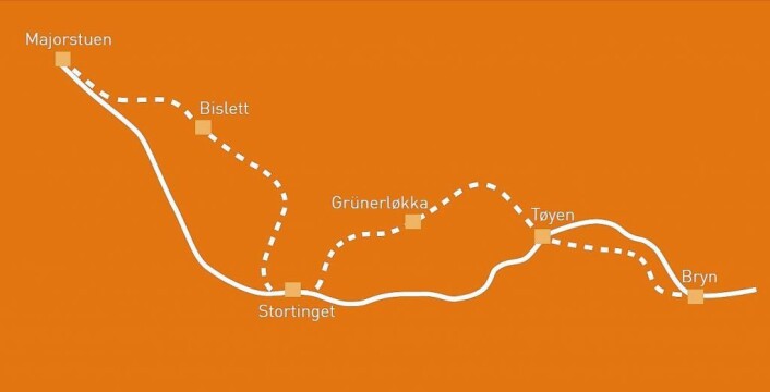 Slik vil t-banetraseen gjennom Oslo sentrum bli seende ut når byggingen av ny sentrumstunnell er ferdigstilt. Illustrasjon: Ruter Slik vil t-banetraseen gjennom Oslo sentrum bli seende ut når byggingen av ny sentrumstunnell er ferdigstilt. Illustrasjon: Ruter