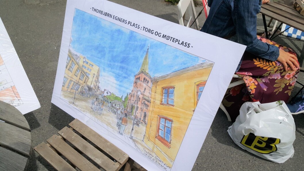 Slik ser en kunstnerisk fremstilling av morgendagens Thorbjørn Egners plass. Foto: Tarjei Kidd Olsen Slik ser en kunstnerisk fremstilling av morgendagens Thorbjørn Egners plass. Foto: Tarjei Kidd Olsen