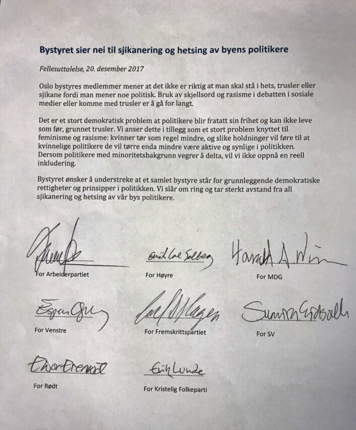 Oppropet mot vold og trussler er signert av samtlige gruppeledere i bystyre. Foto: Jens Aas-Hansen Oppropet mot vold og trussler er signert av samtlige gruppeledere i bystyre. Foto: Jens Aas-Hansen