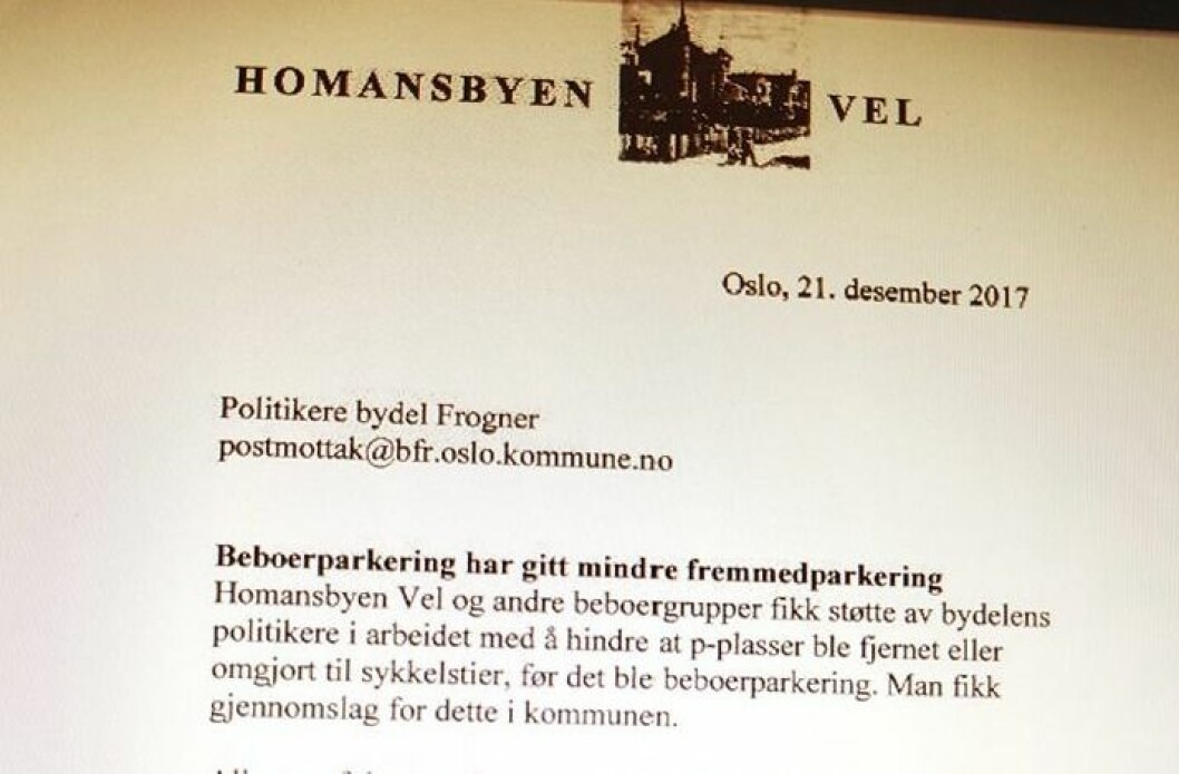 Homansbyen Vel takket politikerne i Bydel Frogner for innsatsen i forbindelse med innføring av beboerparkering. Skjermdump: Bydel Frogners Facebook-side