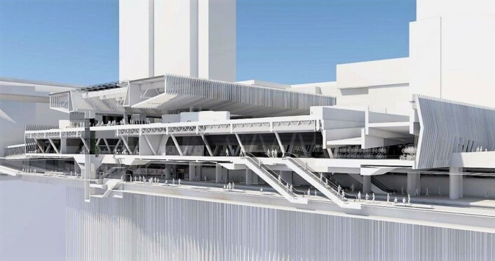 Snitt gjennom den nye stasjonshallen sett i lengderetningen langs sporene. Illustrasjon: MAD Arkitekter Snitt gjennom den nye stasjonshallen sett i lengderetningen langs sporene. Illustrasjon: MAD Arkitekter