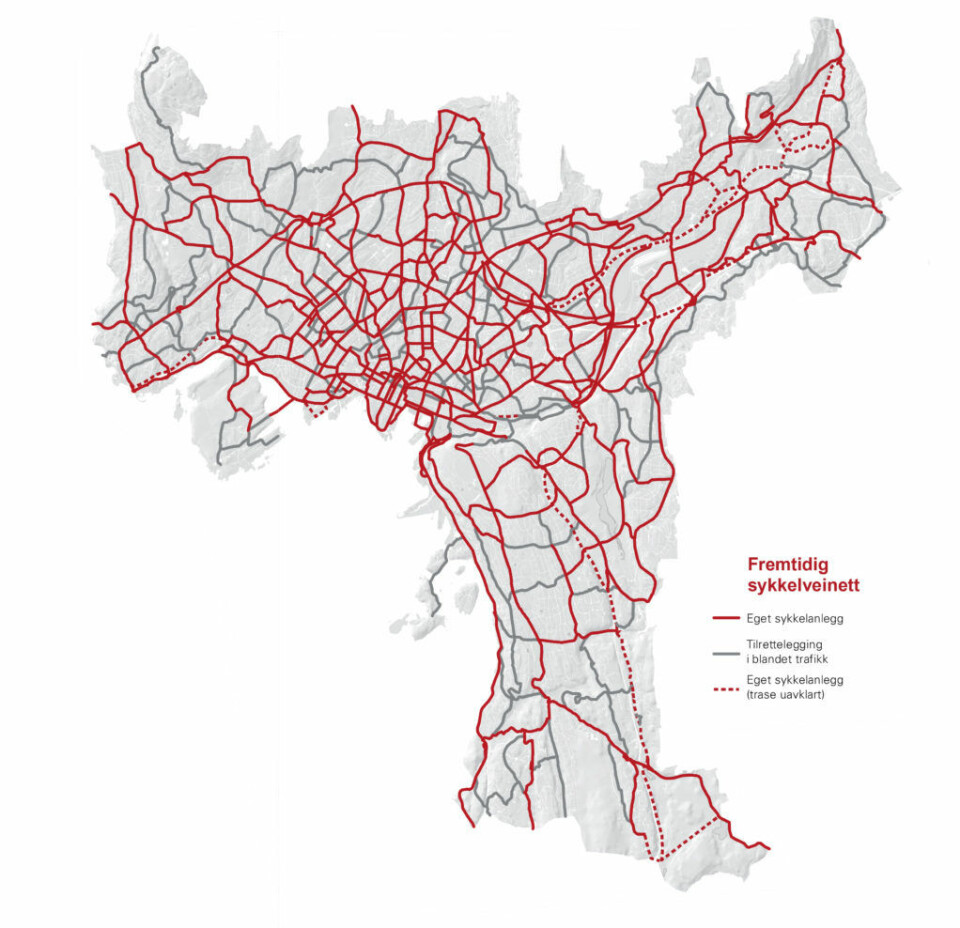 Kartet over viser hvilke strekninger som inngår i sykkelveinettet. Dette inkluderer eksisterende sykkelveistrekninger, og viser dermed summen av eksisterende og fremtidige sykkelveier. Illustrasjon: Oslo kommune.