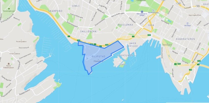 Her ligger Filipstad, som det knytter seg sterke, interesser rundt utviklingen av. Kart: Oslo kommune Her ligger Filipstad, som det knytter seg sterke, interesser rundt utviklingen av. Kart: Oslo kommune