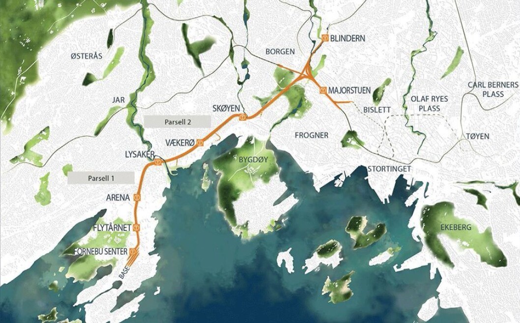 Et trasekart for Fornebubanen. Illustrasjon: Ruter og Norconsult Et trasekart for Fornebubanen. Illustrasjon: Ruter og Norconsult