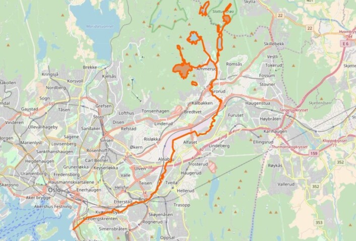 Alnaelva renner fra innsjøer i Østmarka ned i Oslofjorden. Kart: OpenStreetMap Alnaelva renner fra innsjøer i Østmarka ned i Oslofjorden. Kart: OpenStreetMap