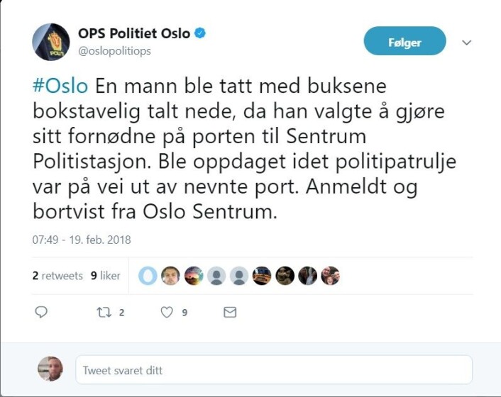 Politiets melding om hendelsen på Twitter. Skjermdump Politiets melding om hendelsen på Twitter. Skjermdump