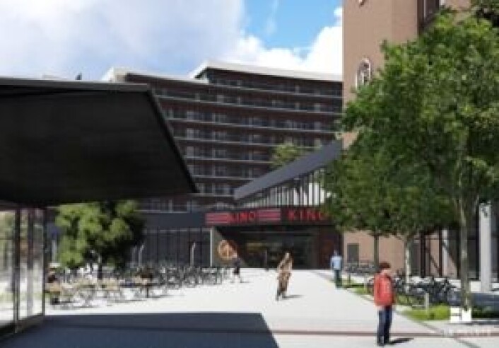 Slik ser arkitektene for seg inngangspartiet til kinoen. Tegning: Hille Melbye arkitekter Slik ser arkitektene for seg inngangspartiet til kinoen. Tegning: Hille Melbye arkitekter