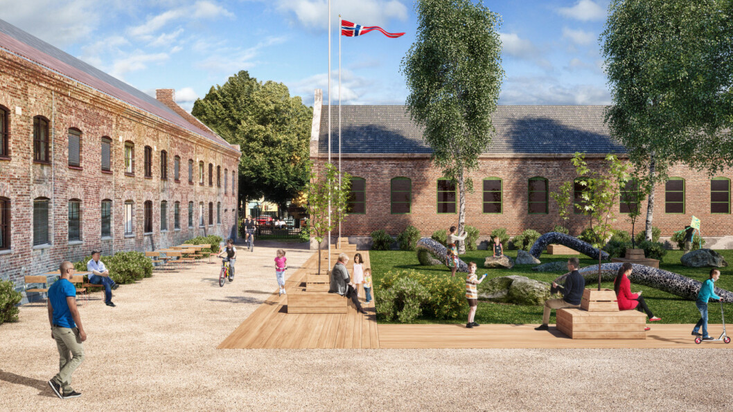 Det etableres flere lekeplasser i sentrum, blant annet som vist her i en tidlig skisse fra Myntgata 2 i kvadraturen. Illustrasjon: Visco Det etableres flere lekeplasser i sentrum, blant annet som vist her i en tidlig skisse fra Myntgata 2 i kvadraturen. Illustrasjon: Visco