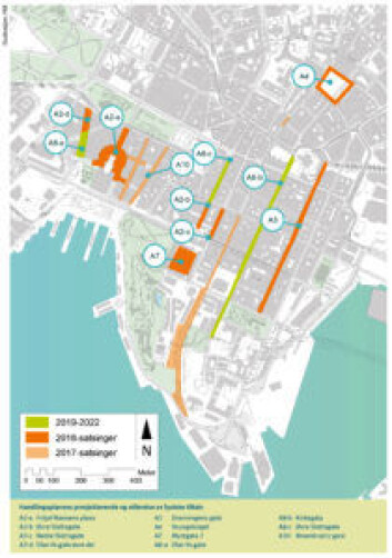 Oversiktskart Bilfritt byliv (klikk for større kart): Handlingsplanen er sammensatt av fysiske tiltak og kulturelle og næringsmessige aktiviteter. Kartskissen viser handlingsplanens geografiske tiltak, som inkluderer både de tiltakene som ble etablert i 2017, og de som foreslås gjennomført i 2018. I tillegg markeres føringer fra og med 2019. Illustrasjon: Oslo kommune, Plan- og bygningsetaten Oversiktskart Bilfritt byliv (klikk for større kart): Handlingsplanen er sammensatt av fysiske tiltak og kulturelle og næringsmessige aktiviteter. Kartskissen viser handlingsplanens geografiske tiltak, som inkluderer både de tiltakene som ble etablert i 2017, og de som foreslås gjennomført i 2018. I tillegg markeres føringer fra og med 2019. Illustrasjon: Oslo kommune, Plan- og bygningsetaten