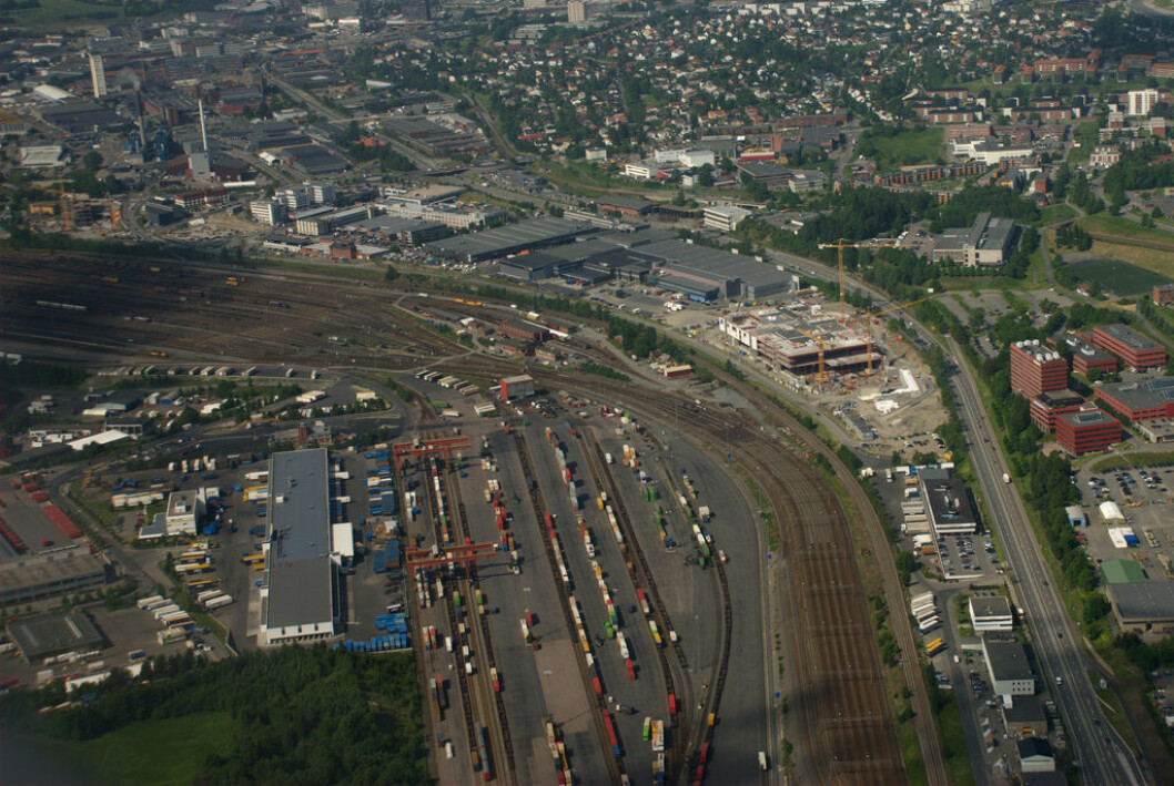 Flyfoto av Alnabru togterminal. Foto: W.J. Andersen/Flickr