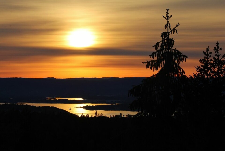 Solnedgang over Oslo fra Lutåsen i Østmarka. Foto: Steinar Saghaug